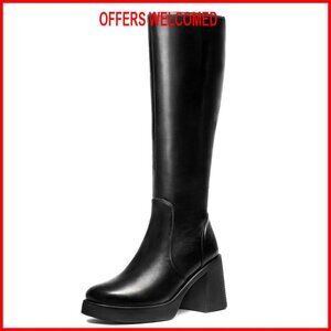 Wide Calf Platform Knee High Boots Chunky Block Heel Square Toe